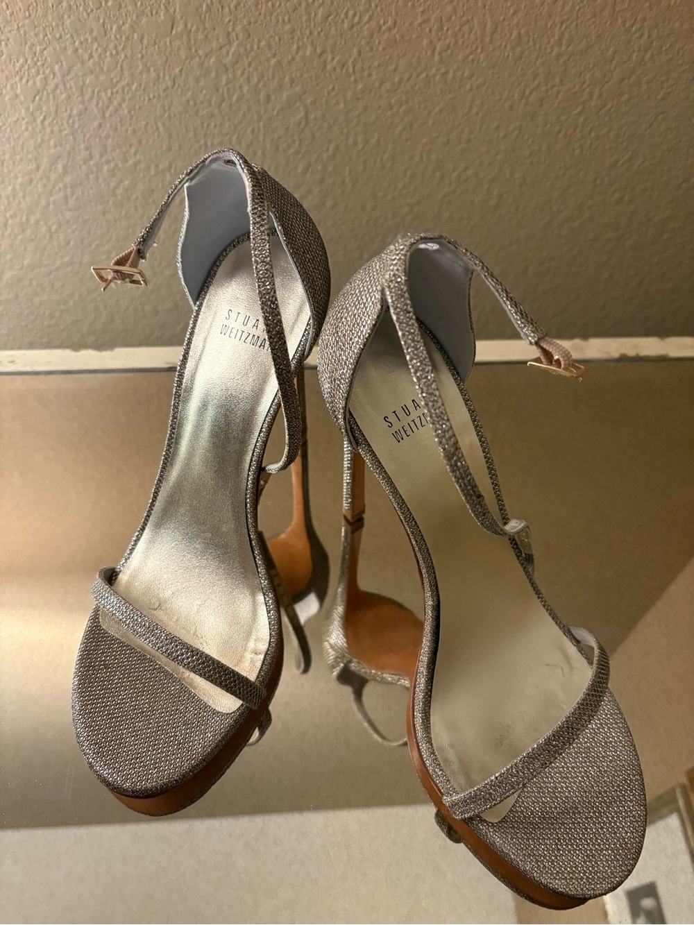Stuart Weitzman Glittery Silver Open-Toe Ankle-Strap Heels